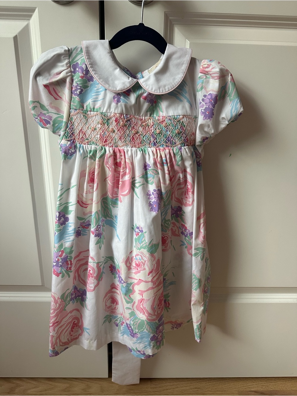 The Beaufort Bonnet Company White Dress with Pink & Purple Floral Smocking